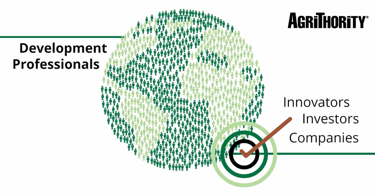 AgriThority® Technical Due Diligence thumbnail: Global network of development professionals illustrated as a green human-figure globe, with a target bullseye connecting innovators, investors, and companies in agricultural technology.