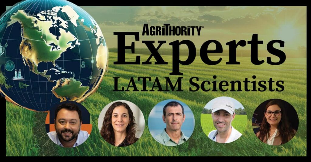 AgriThority Experts LATAM Scientists: Portrait collage of five Latin American agricultural scientists and researchers against a vibrant green field and globe background highlighting the Americas.