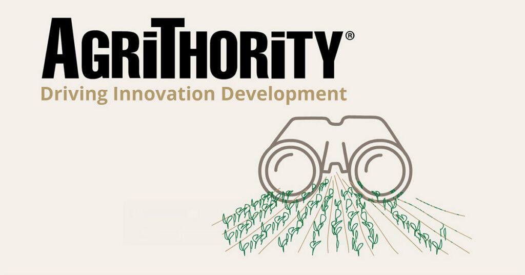 AgriThority® logo — Driving Innovation Development. Binoculars focused on vibrant green seedlings sprouting in rows, symbolizing agricultural research, crop innovation, and product development in agribusiness.
