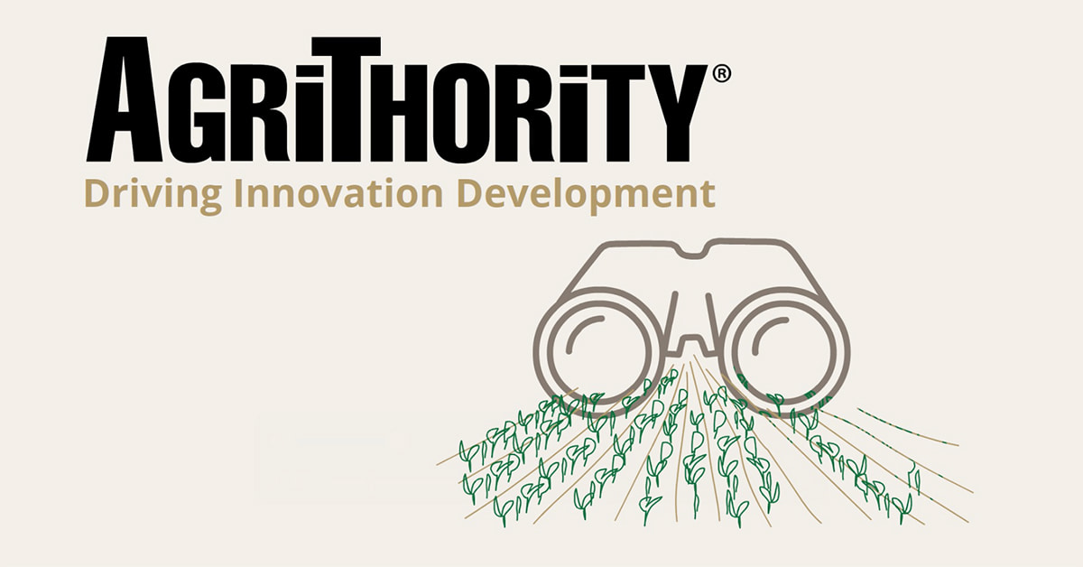 AgriThority® logo — Driving Innovation Development. Binoculars focused on vibrant green seedlings sprouting in rows, symbolizing agricultural research, crop innovation, and product development in agribusiness.