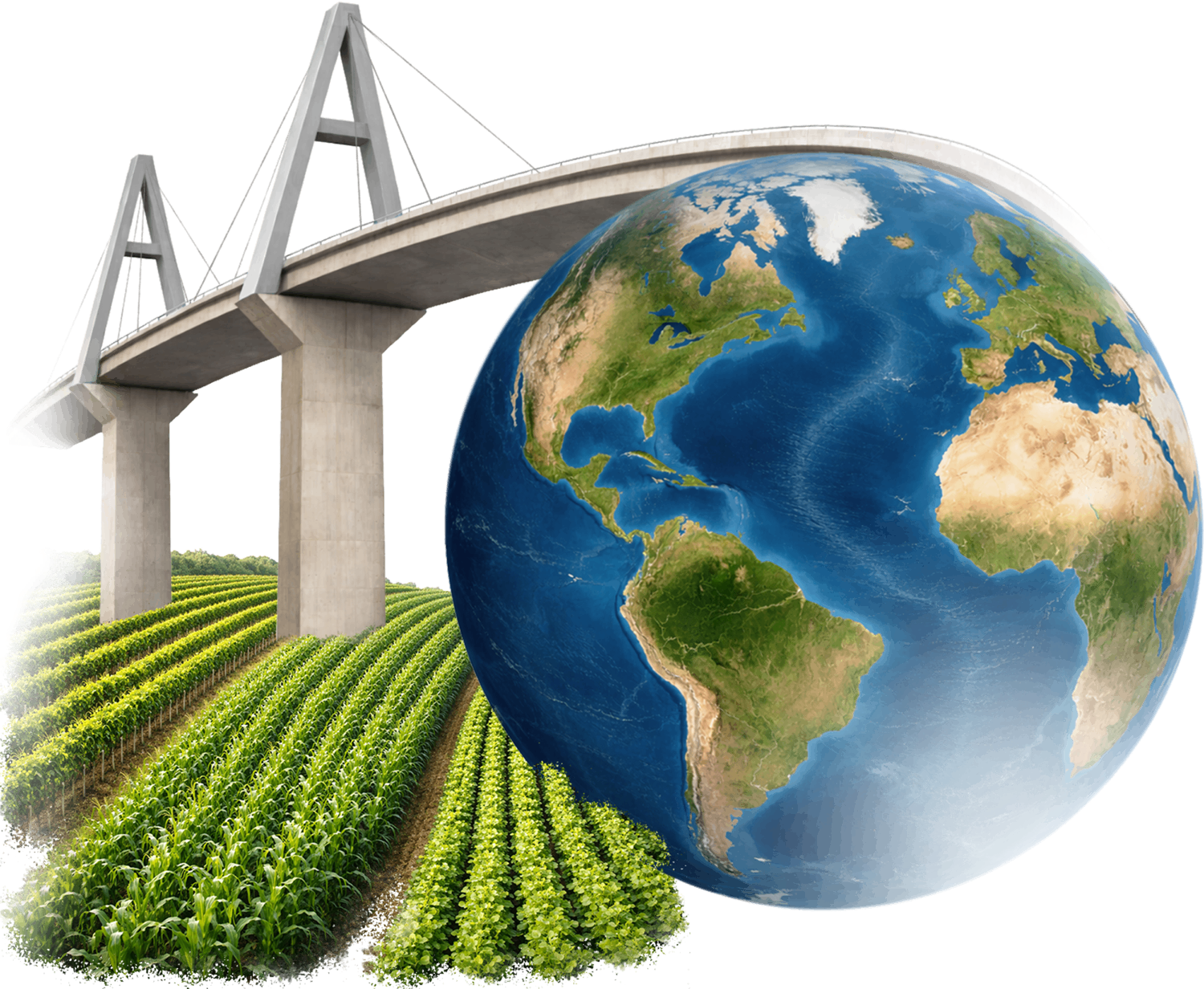 Conceptual digital artwork of a massive suspension bridge extending from lush green agricultural fields directly to Planet Earth, symbolizing global connectivity, sustainable infrastructure, and worldwide agriculture.