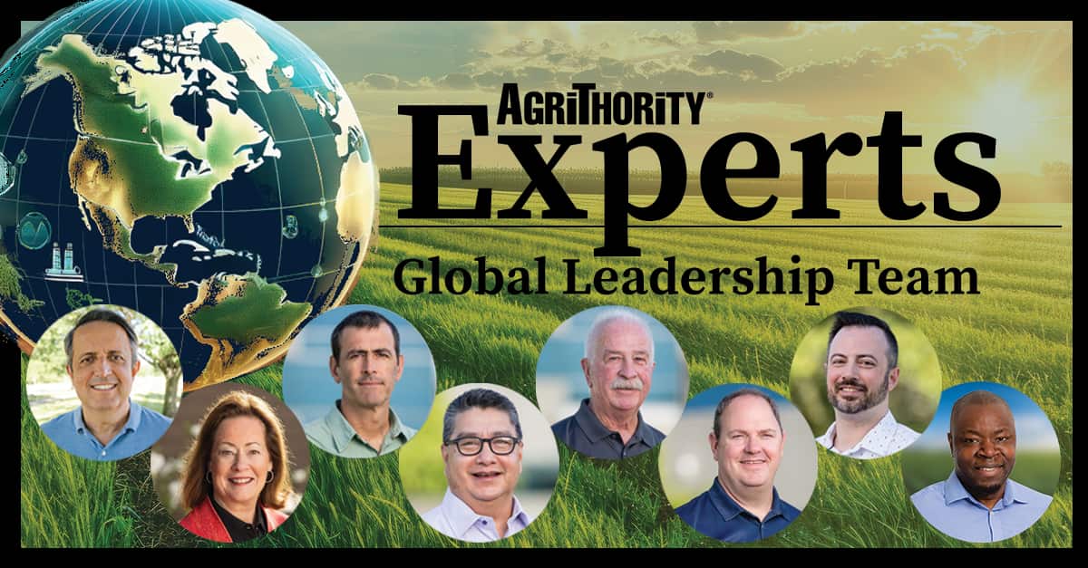 AgriThority Experts Global Leadership Team – diverse group of agricultural industry leaders and consultants shown in circular portraits with a globe of the Americas and green crop field background at sunrise.