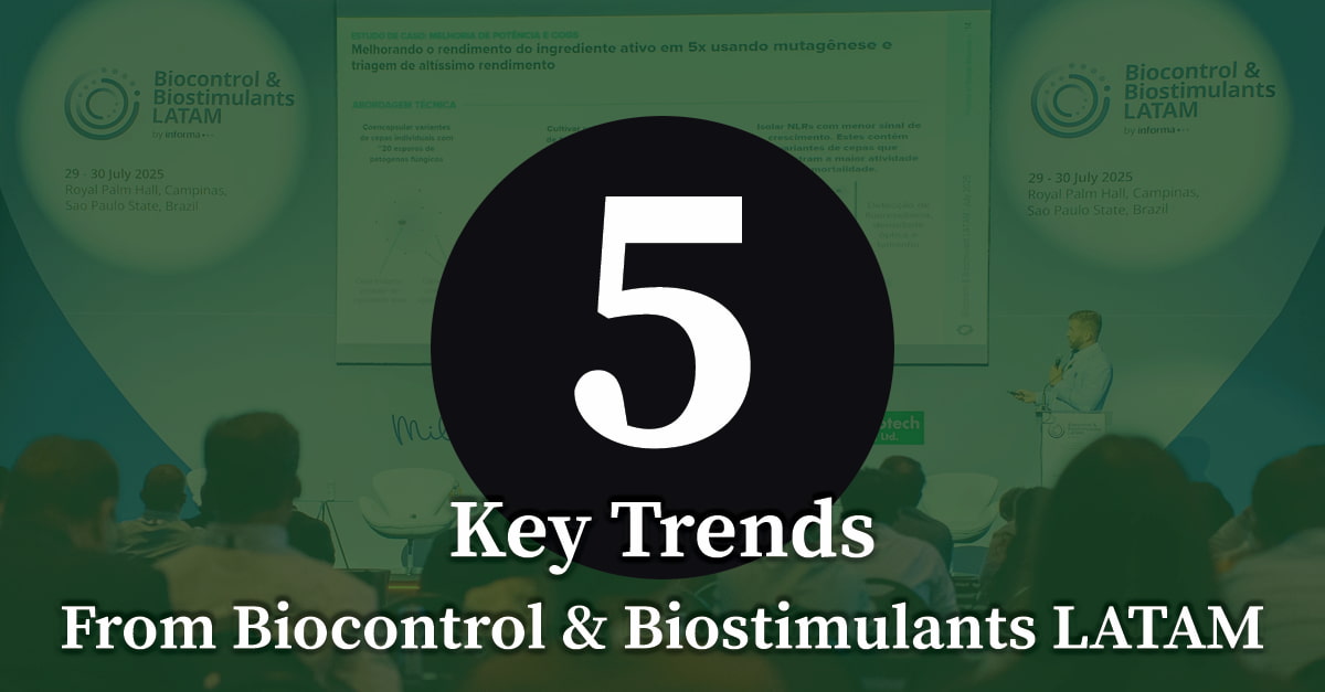 Audience and speaker at Informa’s Biocontrol & Biostimulants LATAM 2026 (workshops 27 July; conference 28–29 July, Royal Palm Hall, Campinas) with a “5 Key Trends” overlay on a biocontrol yield presentation.