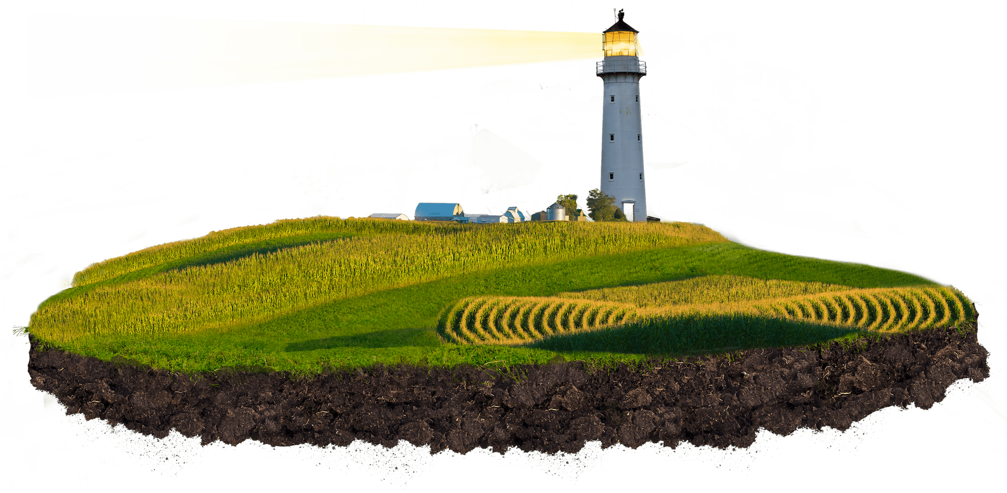 White lighthouse with a golden beam standing on a floating island of green and golden fields, barns, and dark soil, symbolizing AgriThority’s guidance in agricultural innovation and sustainable productivity.