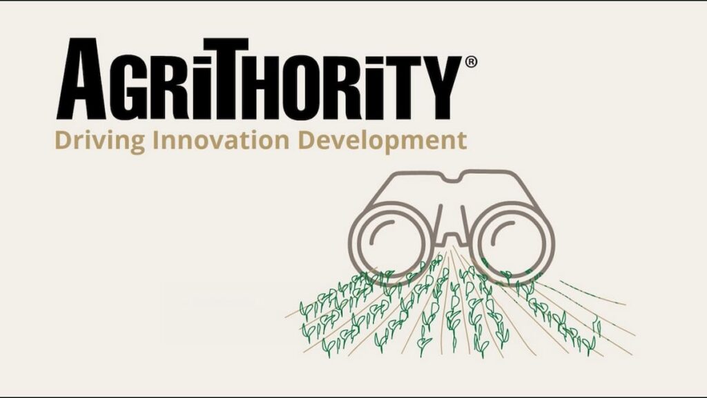 AgriThority logo with tagline Driving Innovation Development and binoculars overlooking rows of green crops, representing agricultural innovation, crop development, and market-focused agronomy consulting.