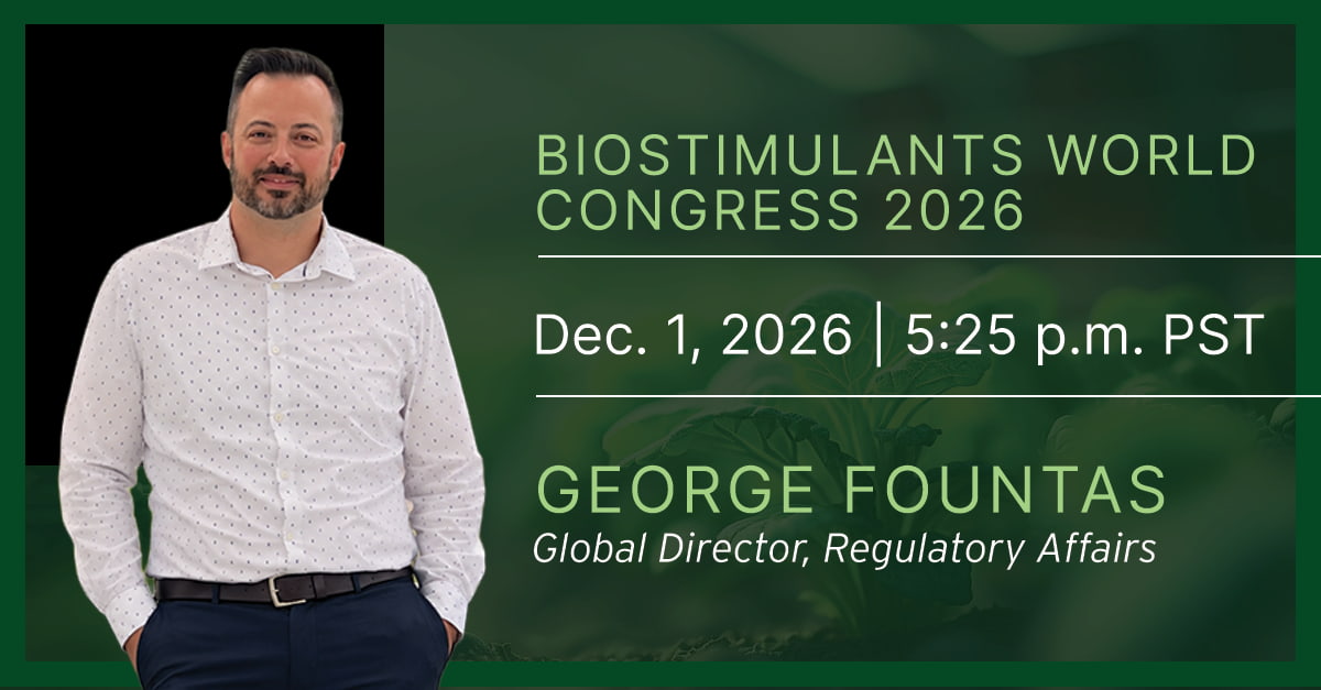 Promotional thumbnail for Biostimulants World Congress 2026 showing George Fountas, Global Director of Regulatory Affairs, scheduled for Dec. 1, 2026 at 5:25 p.m. PST against a green crop background