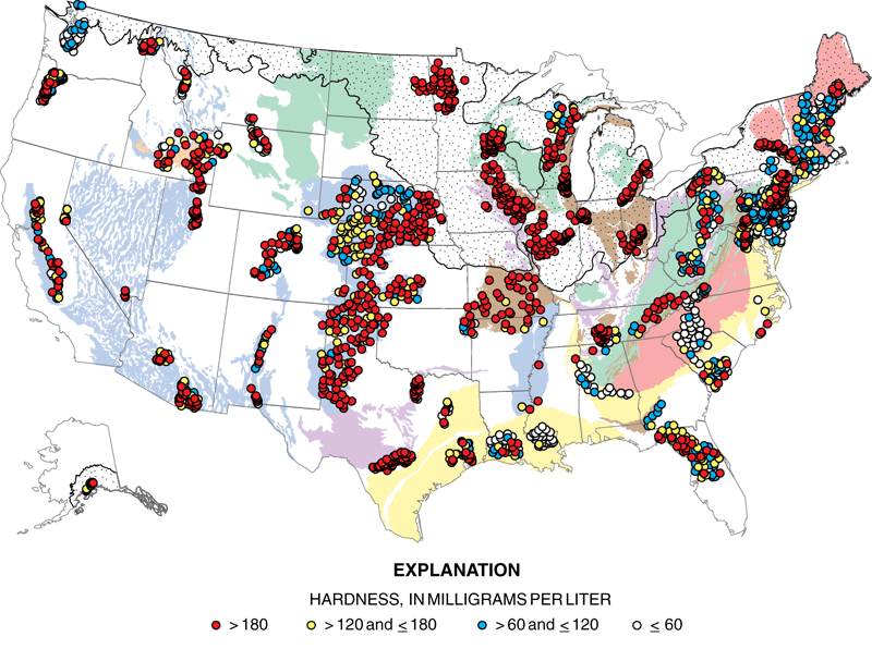 USGS map of United States water hardness by sampling site in milligrams per liter as calcium carbonate, with red dots for very hard water over 180 mg/L, yellow for hard water 120–180 mg/L, blue for moderately hard 60–120 mg/L, and white for soft water 60 mg/L or less.