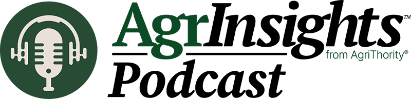 Official AgrInsights™ Podcast logo from AgriThority® featuring a microphone and headphones on a dark green circle