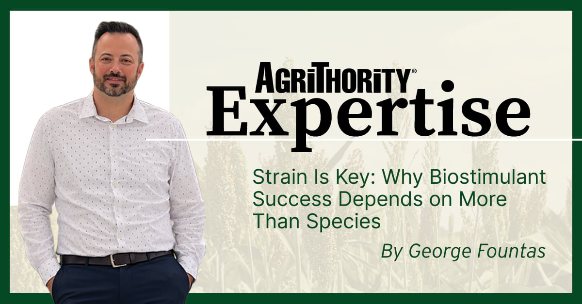 George Fountas of AgriThority Expertise in a promotional graphic for the article “Strain Is Key: Why Biostimulant Success Depends on More Than Species,” set against a crop field background.