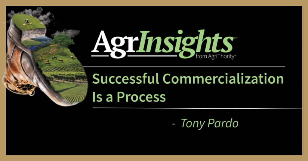 AgrInsights™ from AgriThority thumbnail featuring weathered farm boot cross-section with agricultural landscape of tractor, crops, livestock, and fields, alongside quote “Successful Commercialization Is a Process” by Tony Pardo.