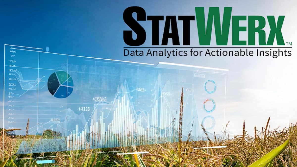 StatWerx™ data analytics thumbnail showing yield charts, a pie chart, and bar graphs overlaid on a grain field under a blue sky, with the title Data Analytics for Actionable Insights.
